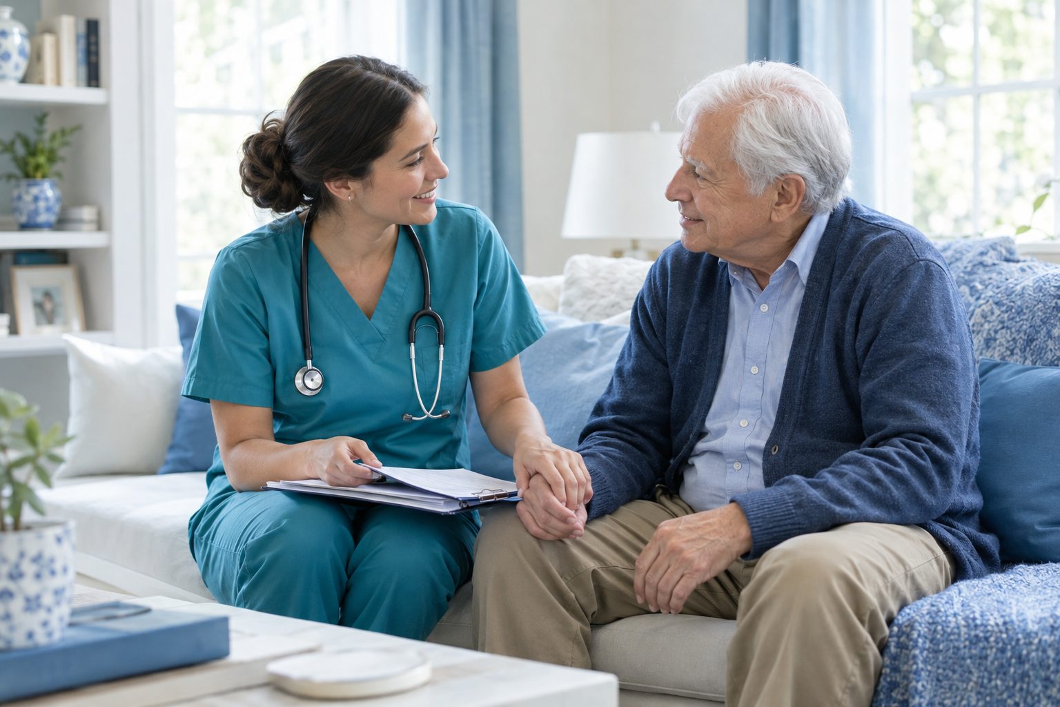 A Remahad nurse holding hands with an elderly client at home