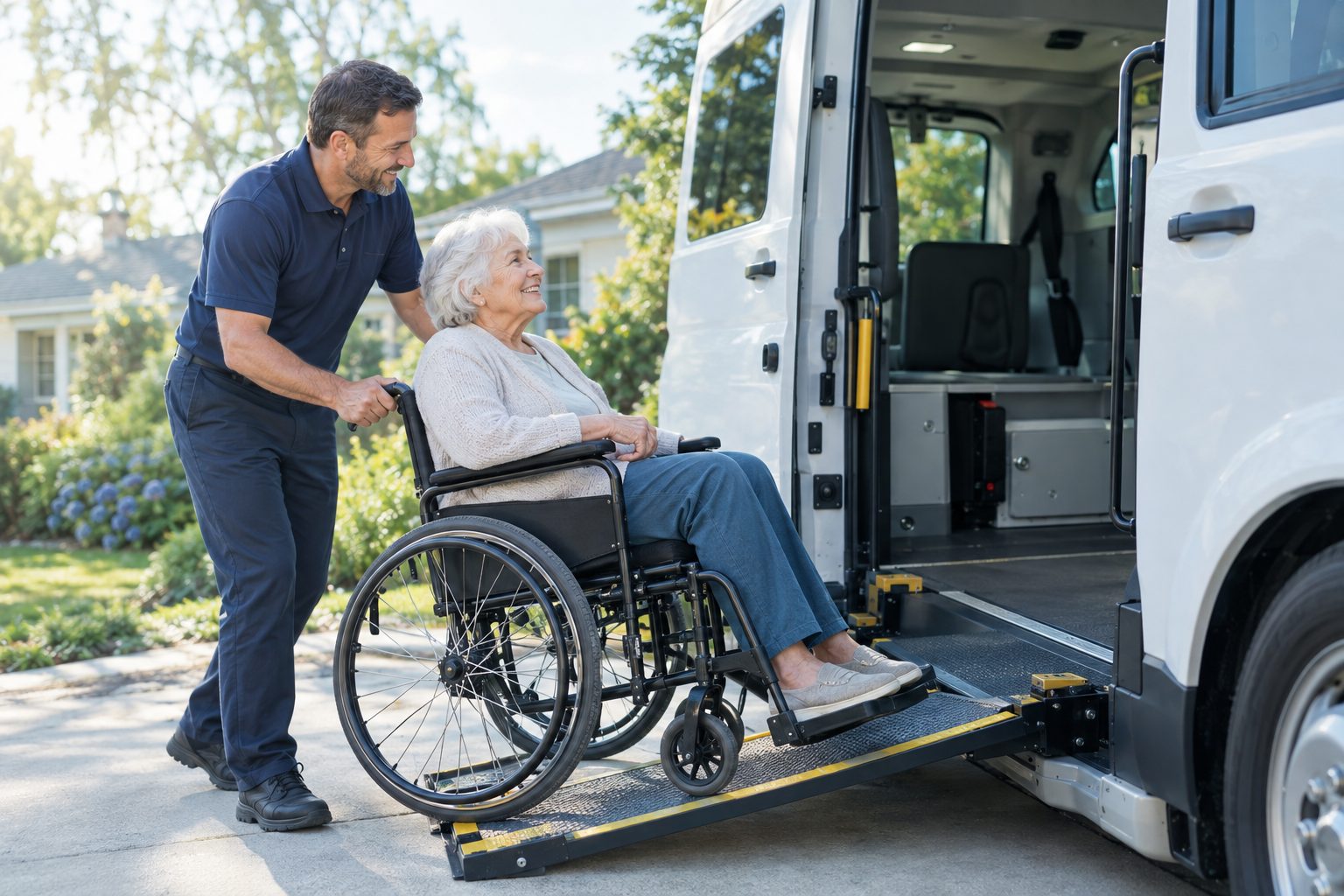 A Remahad driver assisting a smiling senior in a wheelchair into an accessible van